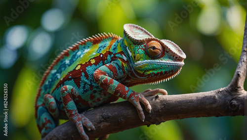 bright green chameleon is perched on a branch