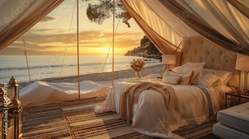 A romantic beachside glamping setup for two, featuring a tent with a luxurious bed and elegant decor, positioned for the best views of a spectacular seaside sunset.