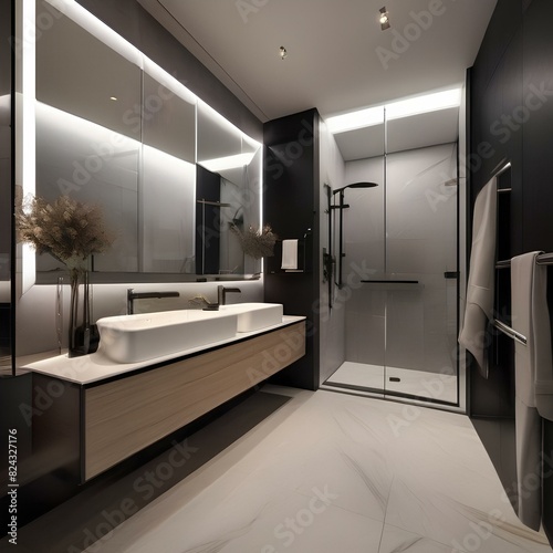 Modern bathroom with a large mirror and stylish fixtures1