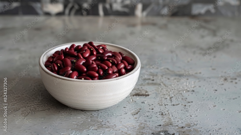 Raw red beans displayed in a ceramic dish on a pale gray kitchen countertop Genuine Vegetarian Product Raw red beans displayed in a ceramic dish on a pale gray kitchen countertop Genuine Vegetarian Product