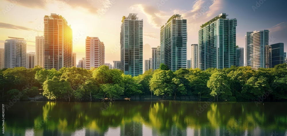 Ecofriendly city with tall buildings and trees, sustainable urban planning, green metropolis, harmony between nature and development