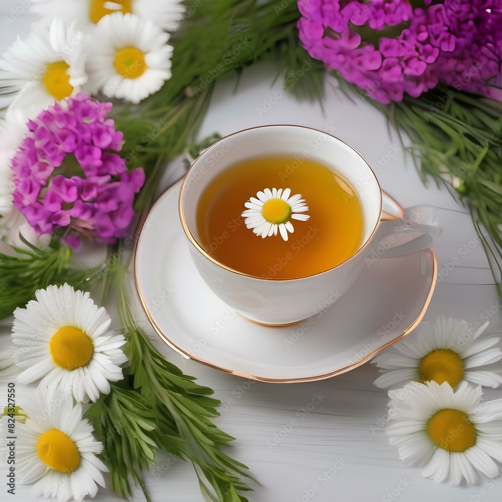 Cup of chamomile tea with fresh flowers and a honey dipper1 Cup of chamomile tea with fresh flowers and a honey dipper1