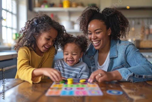 A woman is playing a game with two young girls