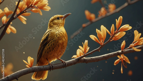 small yellow bird is perched on a branch photo