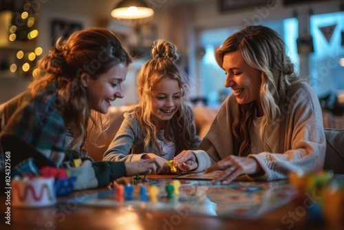 Three women are playing a board game together in a living room