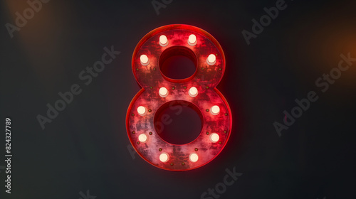 A large red light-up metal number "8" with white lamp lights on the edges of digit