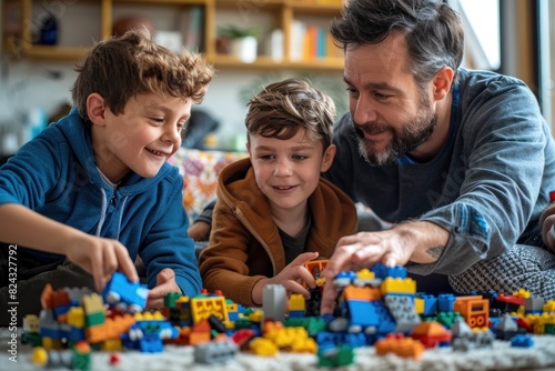 A man is playing with his two young sons, building with legos