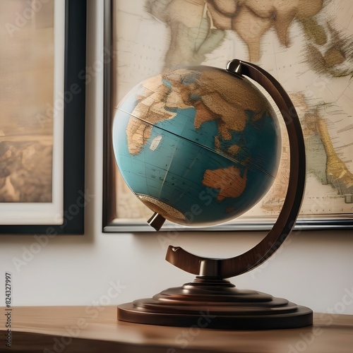 Classic globe with a vintage map, on a wooden desk3 photo