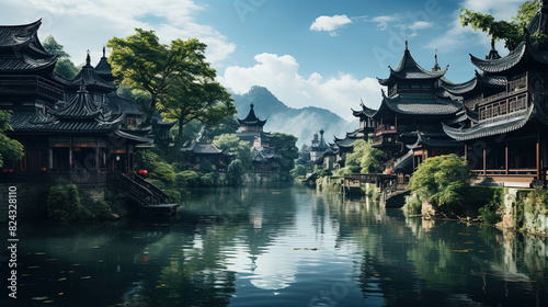 Beautiful Chinese Rural Village Traditional Houses With Mountains and River Landscape Background