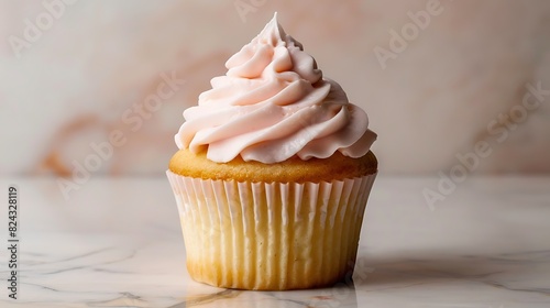 A sweet pink cupcake topped with creamy frosting tempts with its sugary allure, a delectable treat for any occasion.