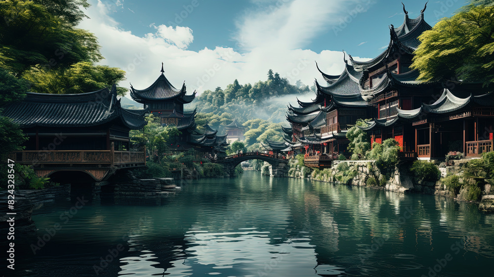 Beautiful Chinese Rural Village Traditional Houses With Mountains and River Landscape Background