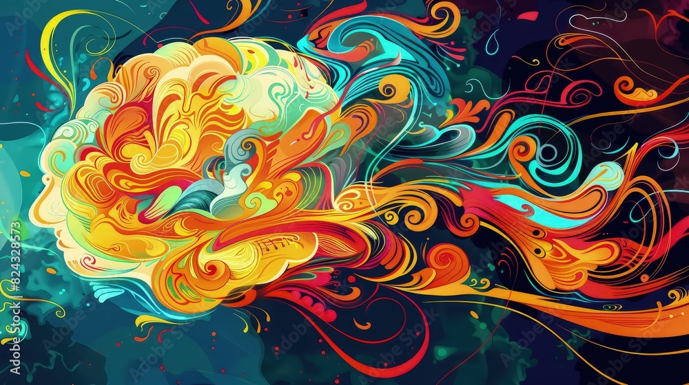 An imaginative idea illustration depicting a brain-like structure with swirling patterns and vibrant colors representing creativity and inspiration. An imaginative idea illustration depicting a brain-like structure with swirling patterns and vibrant colors representing creativity and inspiration.