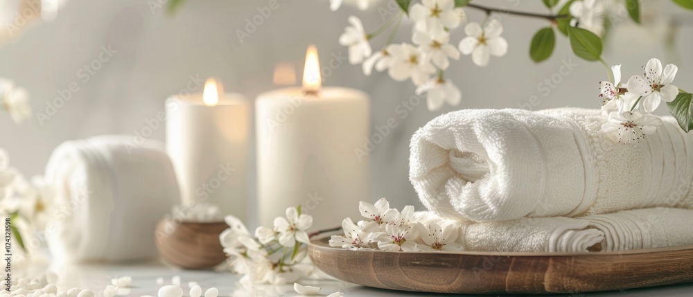 Spa aromatherapy setting, White towels in bathroom, Zen luxury concept, Massage candle and flowers, Wellness beauty