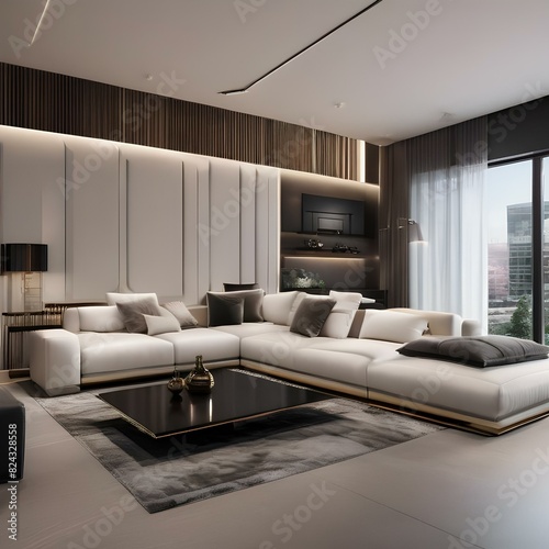 Modern living room with a large sectional sofa and abstract art5 photo