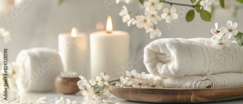 Spa aromatherapy setting, White towels in bathroom, Zen luxury concept, Massage candle and flowers, Wellness beauty