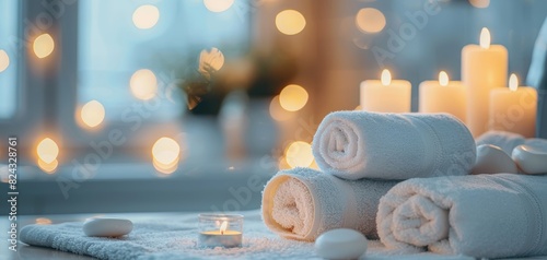 Luxury bathroom spa  White towels and candles  Aromatherapy massage  Relaxation zen therapy  Wellness background