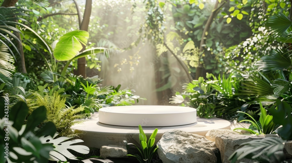 Cosmetic podium in garden, White product stand, Green nature backdrop, Forest presentation, 3D plant display Cosmetic podium in garden, White product stand, Green nature backdrop, Forest presentation, 3D plant display