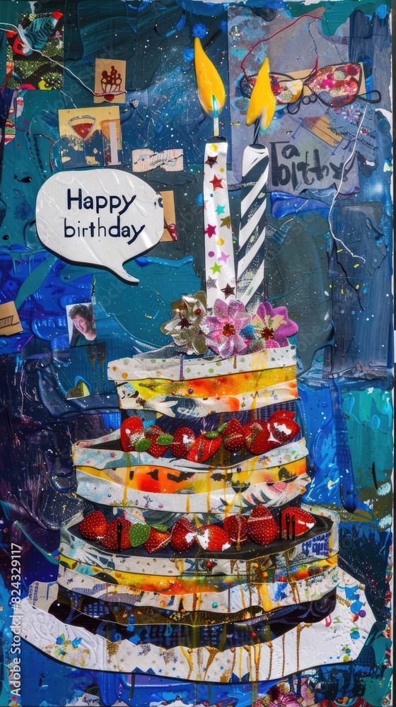 Fototapeta premium Joyous birthday collage, featuring heartfelt text happy birthday, vibrant celebration capturing special moments and cherished memories, personalized tribute to mark occasion with love and happiness.