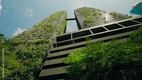 Tall modern buildings covered in vertical gardens, showcasing urban greenery and sustainable architecture. Eco-friendly. Innovative construction