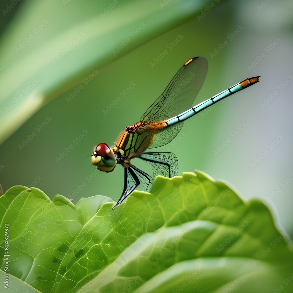 Close up of a dragonfly perched on a green leaf1 Close up of a dragonfly perched on a green leaf1