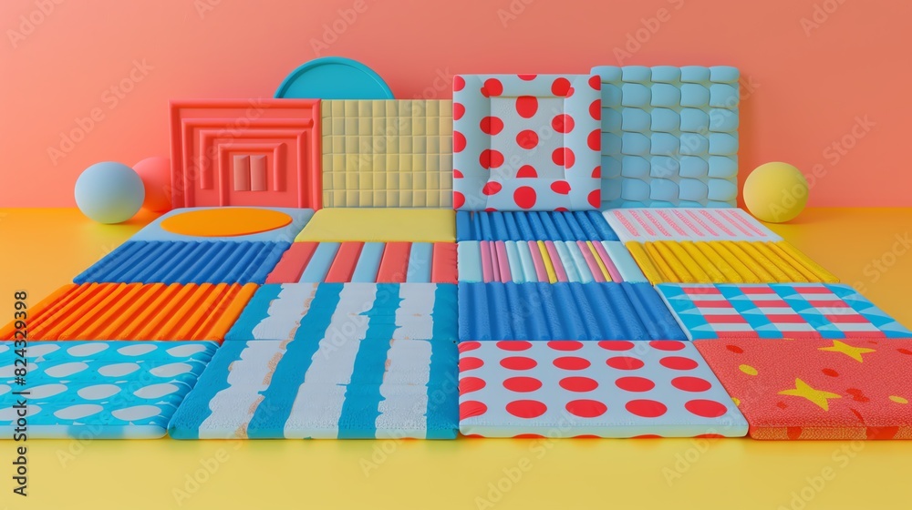 A realistic 3D render of a baby play mat with colorful patterns A realistic 3D render of a baby play mat with colorful patterns