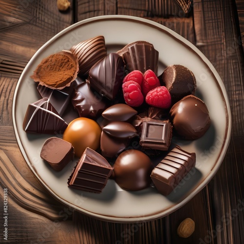 Plate of assorted chocolates on a rustic wooden table1 photo