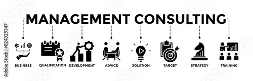 Management consulting icons set. Vector graphic glyph style with icon of business, qualification, development, advice, solution, target, strategy, training photo