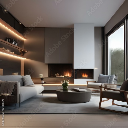 Modern living room with a fireplace and cozy seating area4
