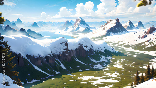 A mountain range with snow