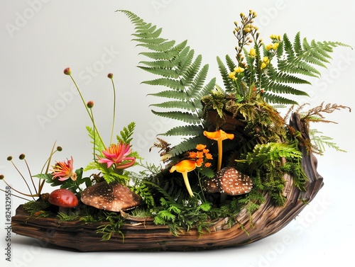 A forestthemed ikebana with ferns, mushrooms, and woodland flowers photo