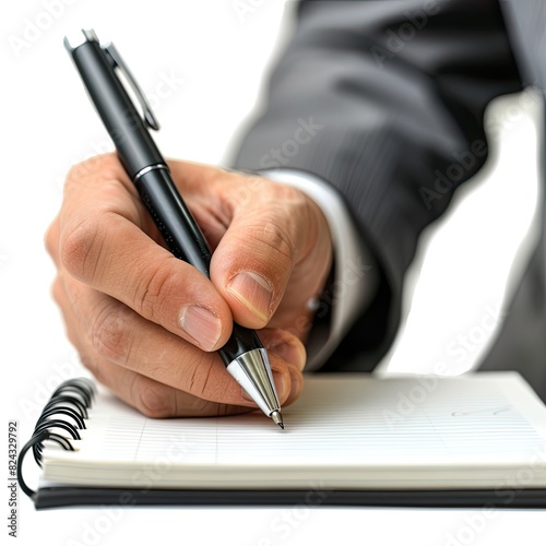 A person attending a business seminar and taking notes in a notebook isolated on white background 