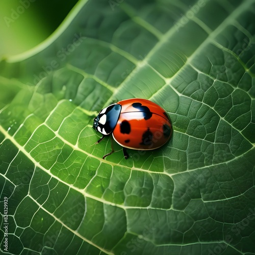 Close up of a ladybug on a green leaf, with dewdrops4