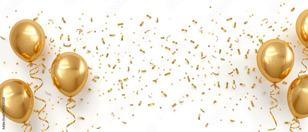 Fototapeta premium Gold balloon birthday card, White background celebration, Confetti ribbon illustration, Golden isolated decoration, Blue 3D party