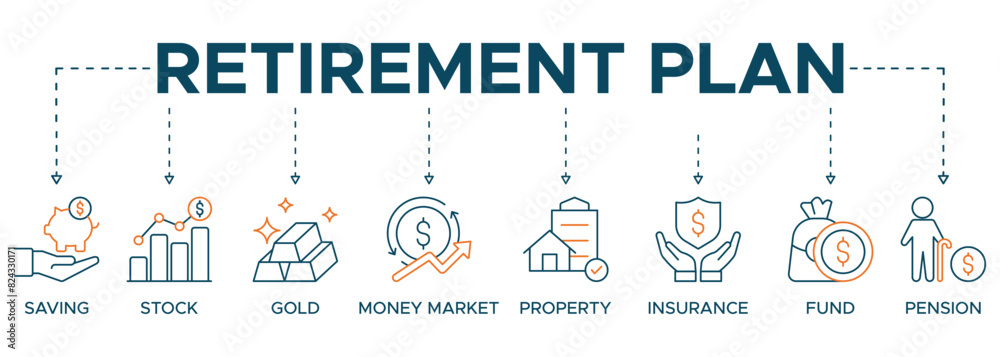 Banner retirement planning icon illustration. Retirement Plan Growth Concept with icons saving, stock, gold, money market, property, insurance, fund and pension