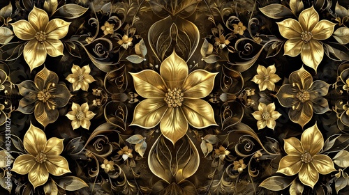 An intricate abstract gold floral texture with symmetrical patterns of delicate blossoms and twining leaves, offering a luxurious look.