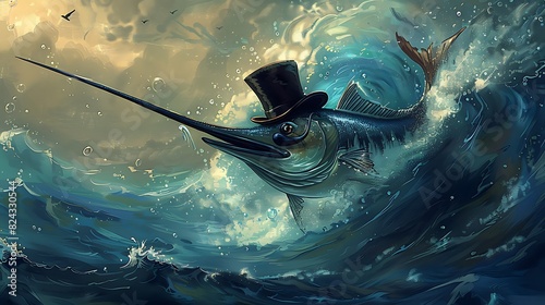 A whimsical swordfish with a mustache and top hat looks dapper as it dives through the waves, exuding charm. photo