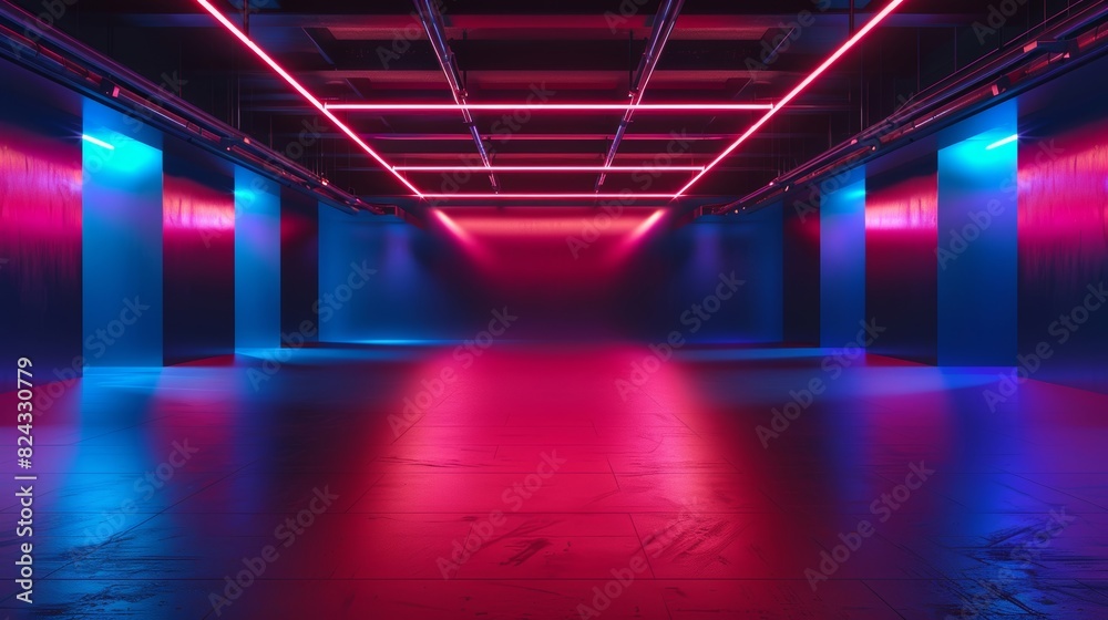 Futuristic neon space, dark room, blue and red glow lights, empty modern design, AI generated