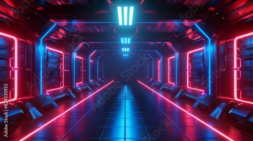 Futuristic neon space  dark room  blue and red glow lights  empty modern design  AI generated