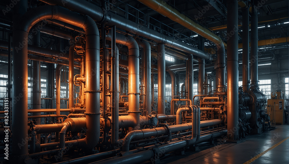 factory floor with large pipes and machinery. factory floor with large pipes and machinery.
