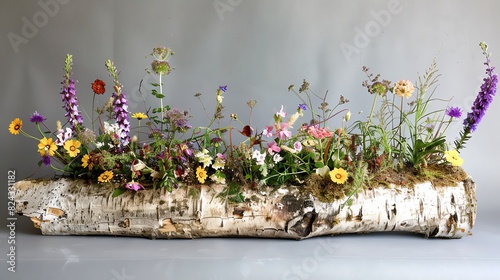 A rustic ikebana arrangement with wildflowers and birch bark photo