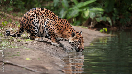 jaguar onça pintada in the forest, drinking water on the edge of a lake
 photo