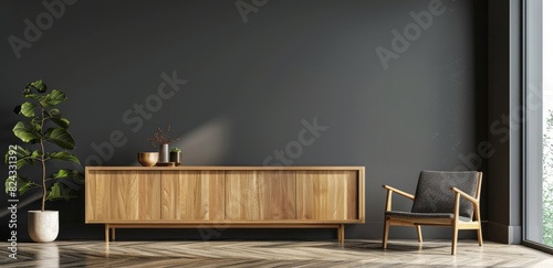 Minimalist interior design of a modern living room with a wooden cabinet, armchair and dark gray wall background