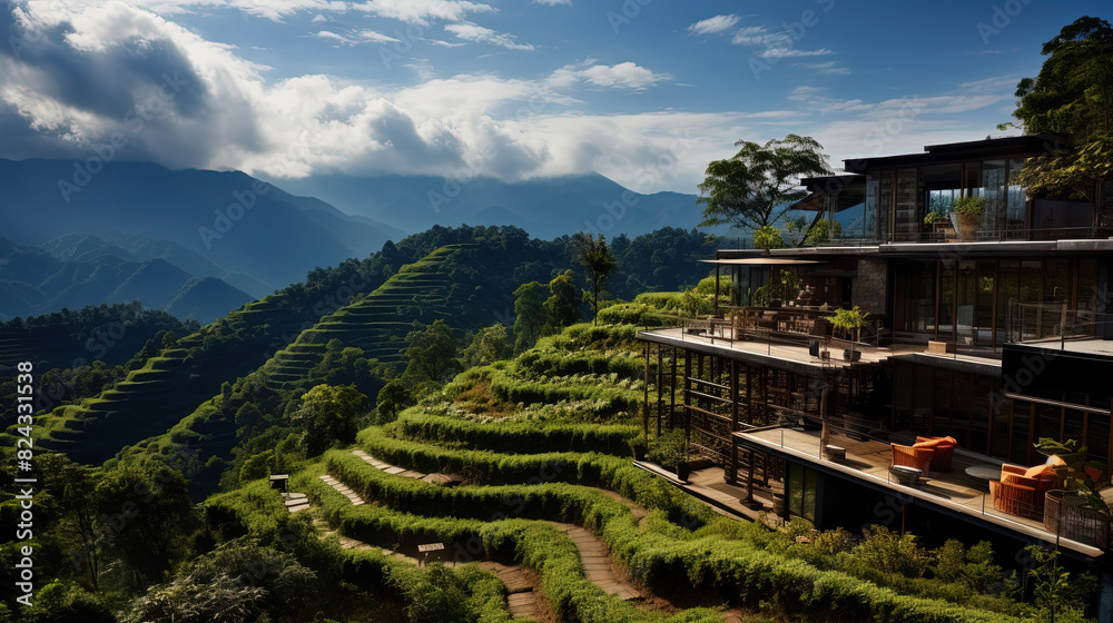 As A Tropical Mountain Coffee Farm With A Long 2 Story Home Along The Mountaintop Ridge Landscape Background