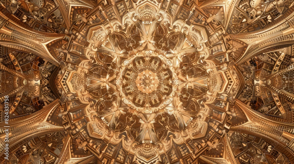 An intricate monochromatic abstract background featuring symmetrical patterns in various shades of copper and gold, offering a warm and luxurious aesthetic.