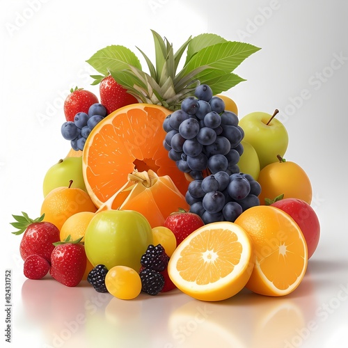 3d Fresh fruits Isolated on white background, fruits, foods, juicies, white backgrounds, vitamins, leaves, simplicities