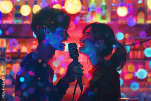 Couple Singing Duet at Karaoke Bar