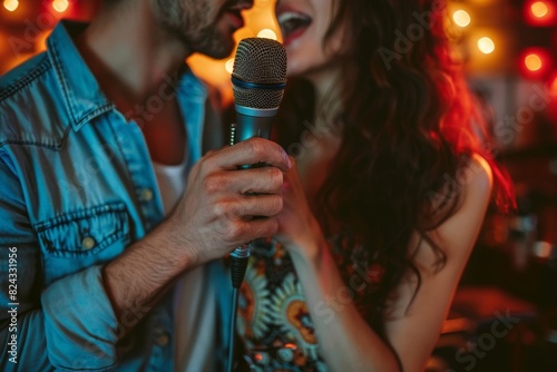 Couple Singing Duet at Karaoke Bar

