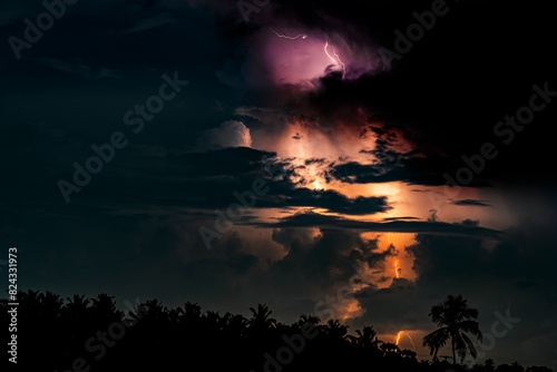 thundering and lighting in night rainy sky