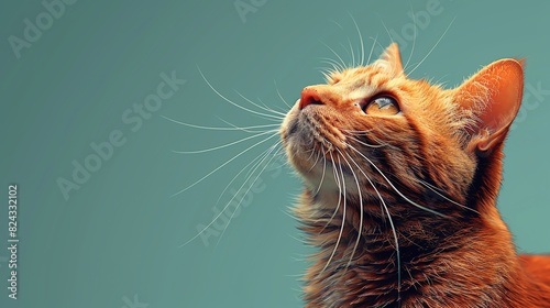 Close-up of an orange tabby cat looking up against a teal background, capturing its curious and serene expression. photo
