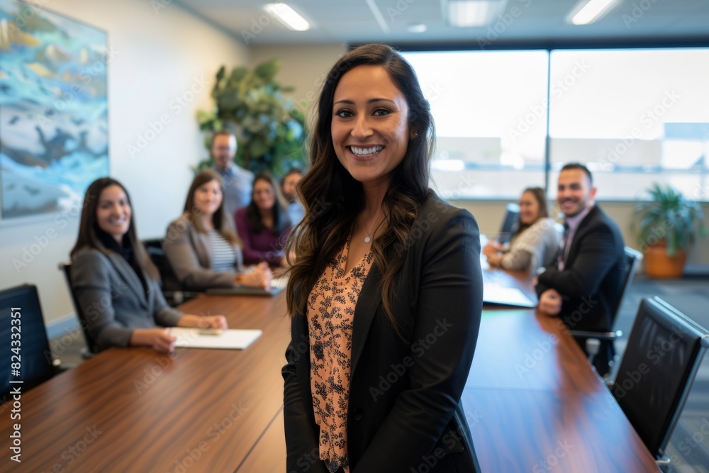 Fototapeta premium Young successful businesswoman at corporate office looking at camera. Office business portrait